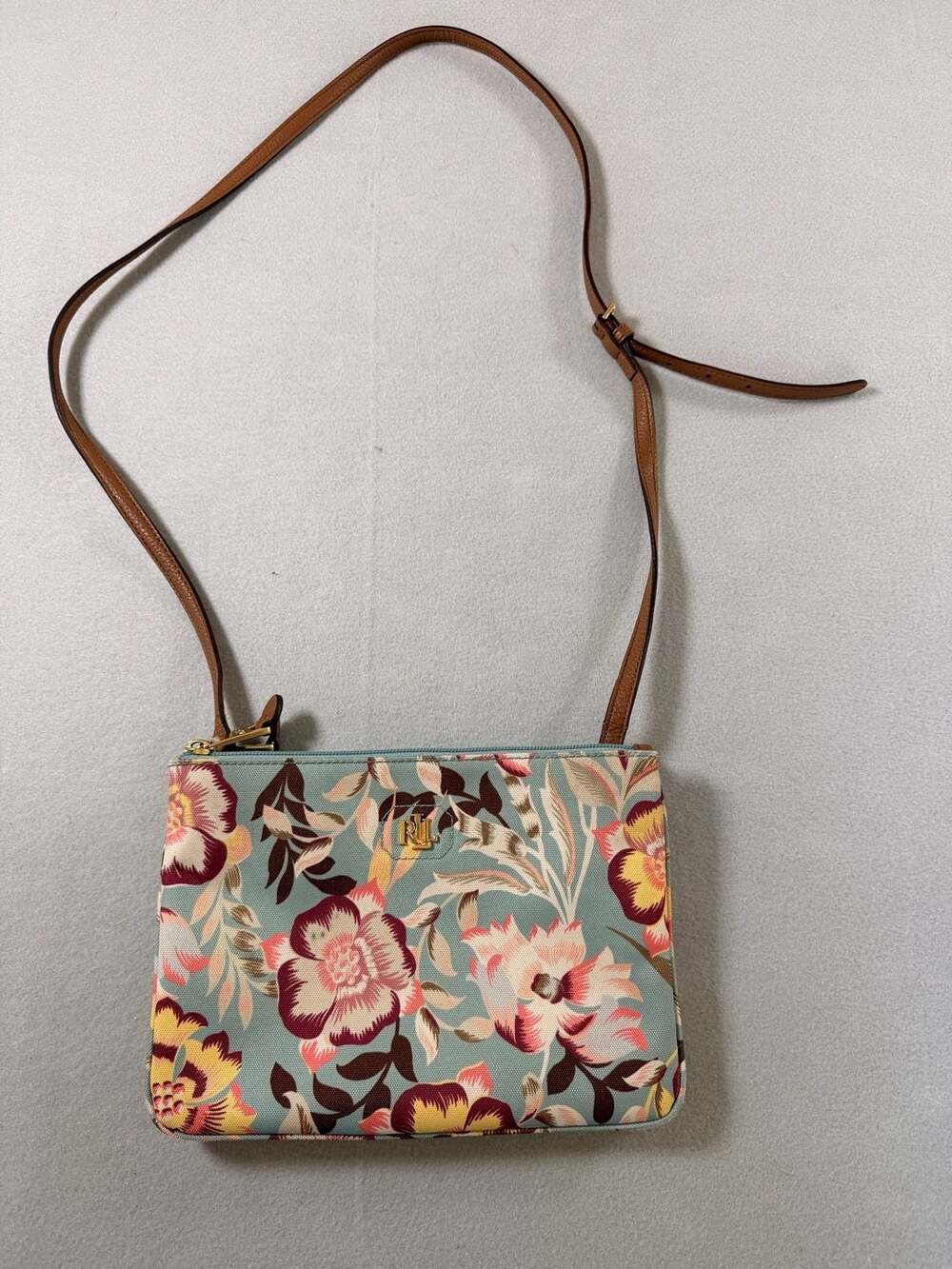 Floral Crossbody Bag with Leather Strap - Brown & Multi